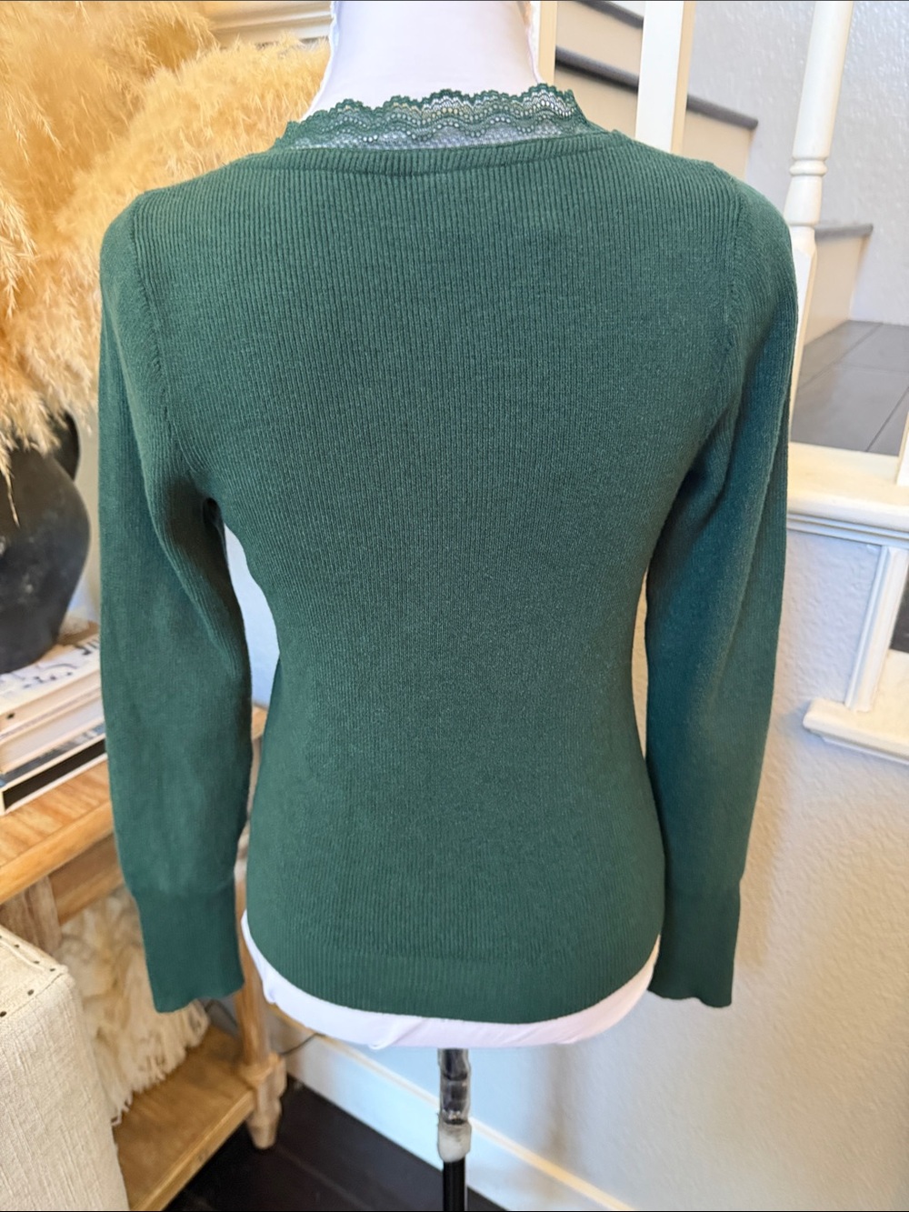 Anthropologie Scallop Lace-Trim Green Long Sleeve Ribbed Sweater Size Small - Picture 6 of 8